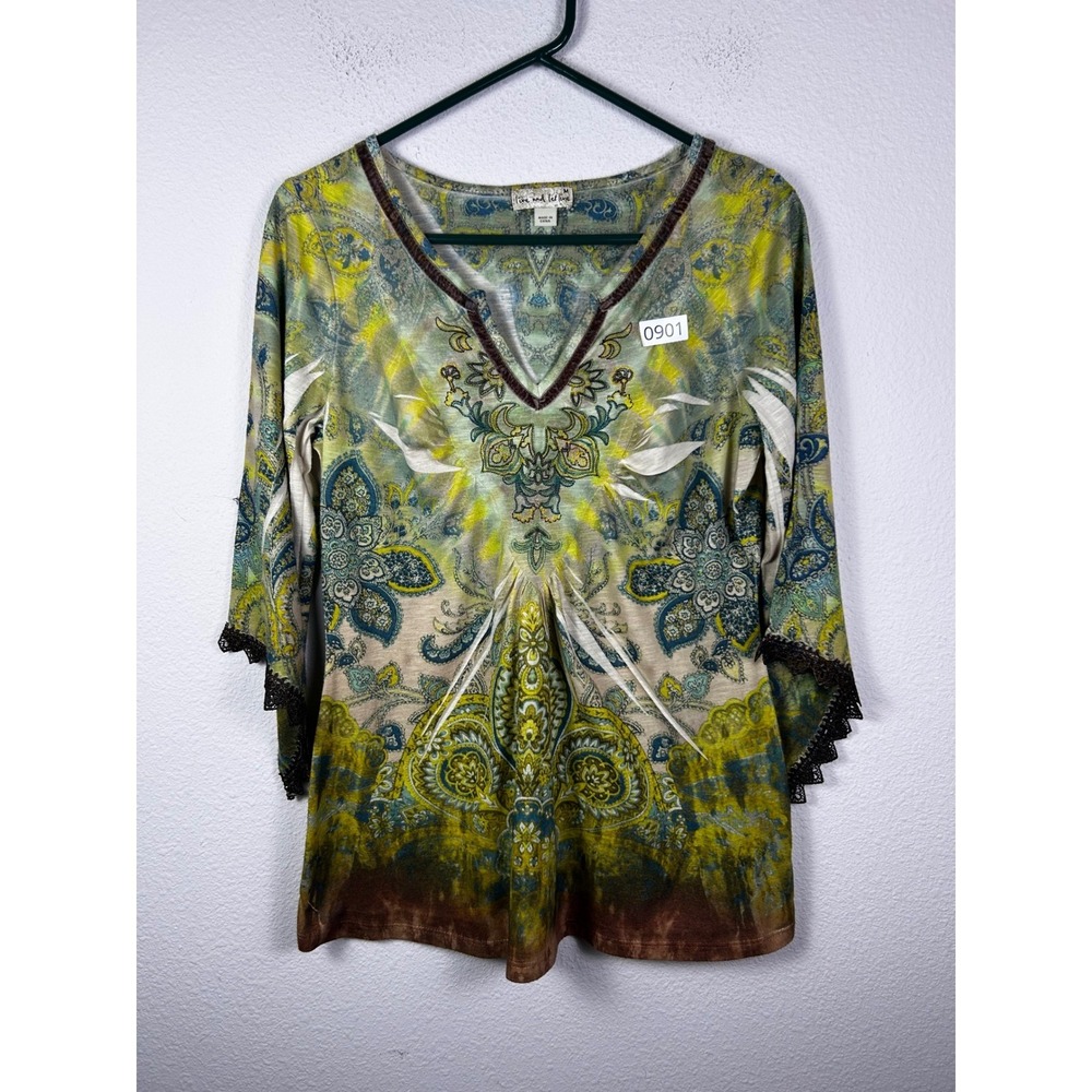Live and Let Live Womens Paisley Tunic Top Green Yellow Velvet Trim Boho Medium